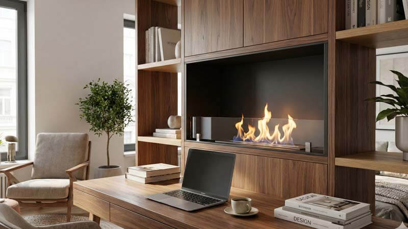 биокамин встроенный в мебельный стеллаж рабочий кабинет