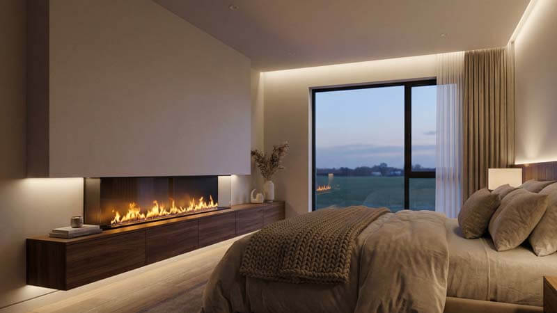 Дизайн современной спальни с электрокамином