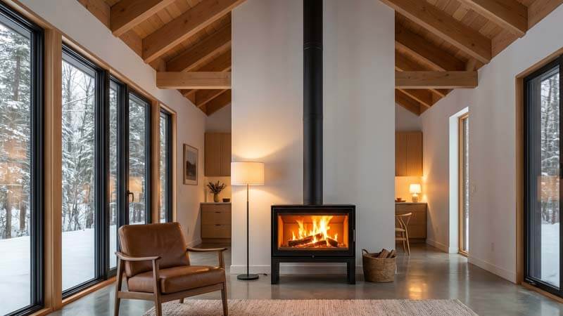 Дизайнерский отдельно стоящий камин с высокой трубой в стиле минимализм