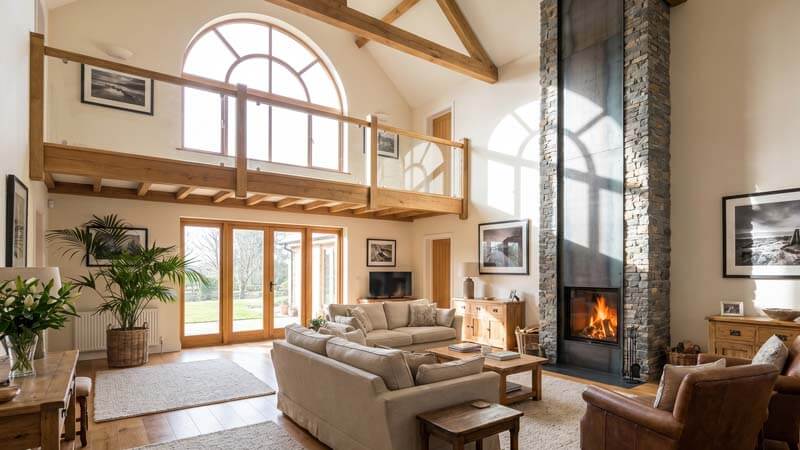 Двухсветная гостиная с высоким каменным камином и деревянными балками