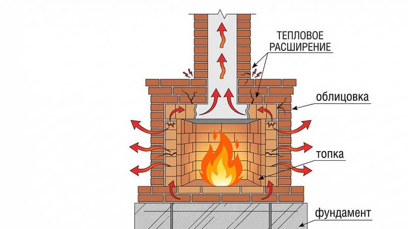 Инфографика устройства камина и теплового расширения