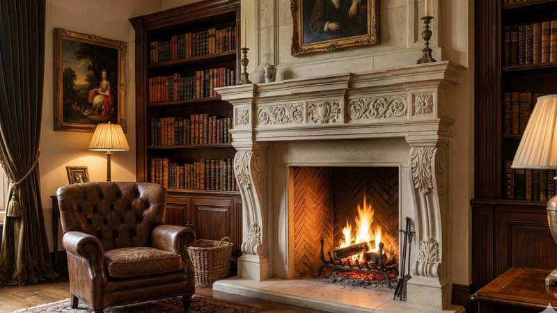 классический дровяной камин с порталом из камня в кабинете