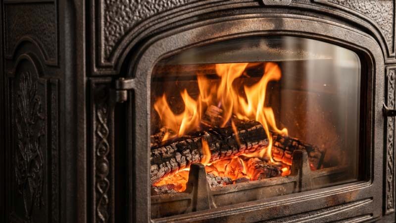 Крупный план чугунной топки премиального камина с живым огнем