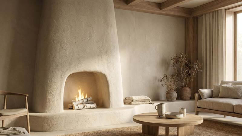 Минималистичный камин из декоративной штукатурки в стиле ваби-саби
