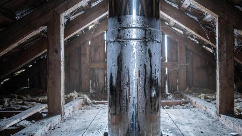 Образование конденсата и инея на неутепленной одноконтурной трубе дымохода на холодном чердаке