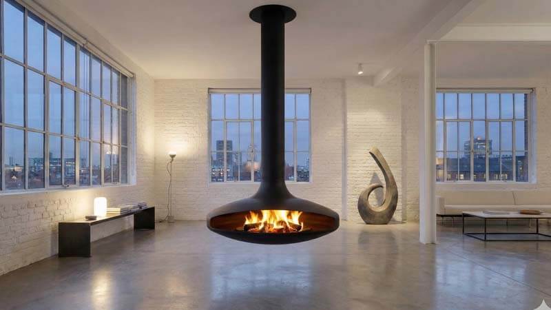 подвесной вращающийся камин черный металл стиль лофт