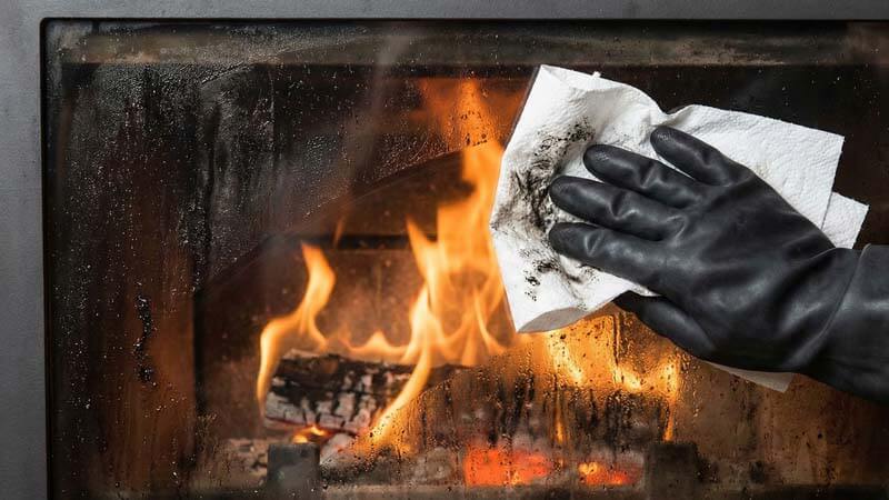 Процесс очистки стекла камина от нагара салфеткой