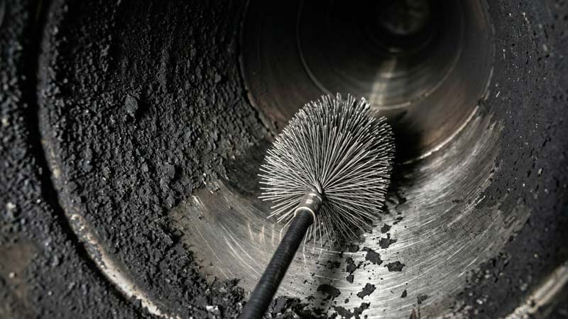 Профессиональная чистка стального дымохода от сажи щеткой