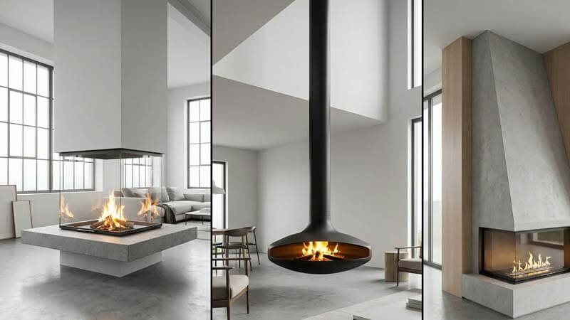 Современные подвесные и островные камины