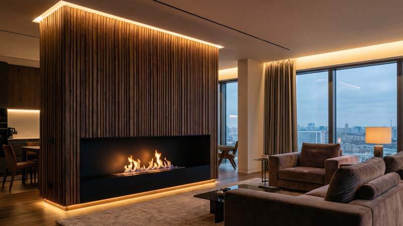 Современный биокамин, встроенный в деревянную стеновую панель