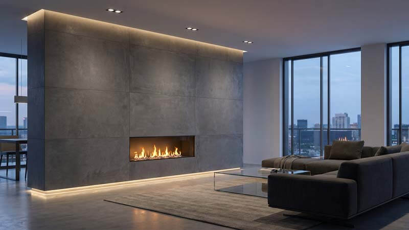 Современный встроенный камин с отделкой под серый бетон