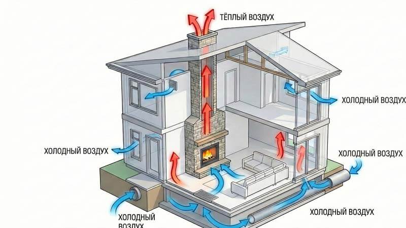 Схема циркуляции воздуха и подачи кислорода с улицы в каминную топку