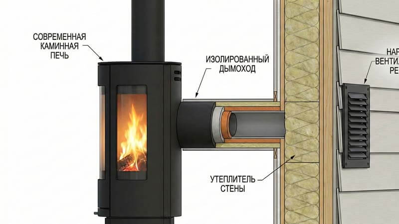 Схема прямого монтажа приточной вентиляции камина через внешнюю стену