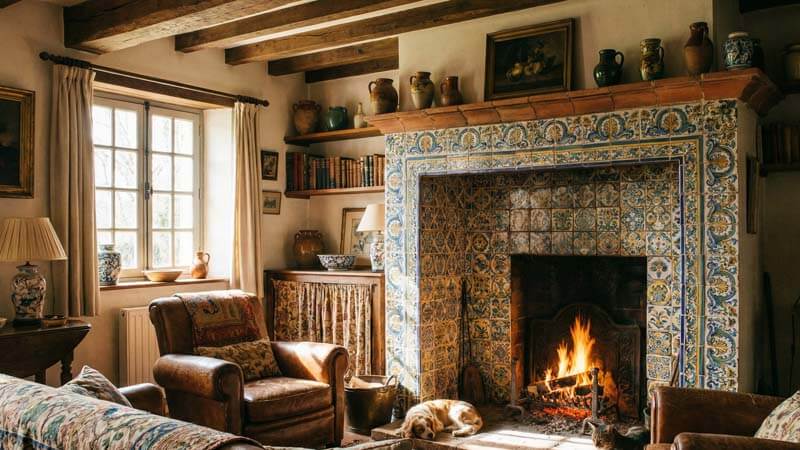 Традиционный камин с керамическими изразцами в стиле рустик
