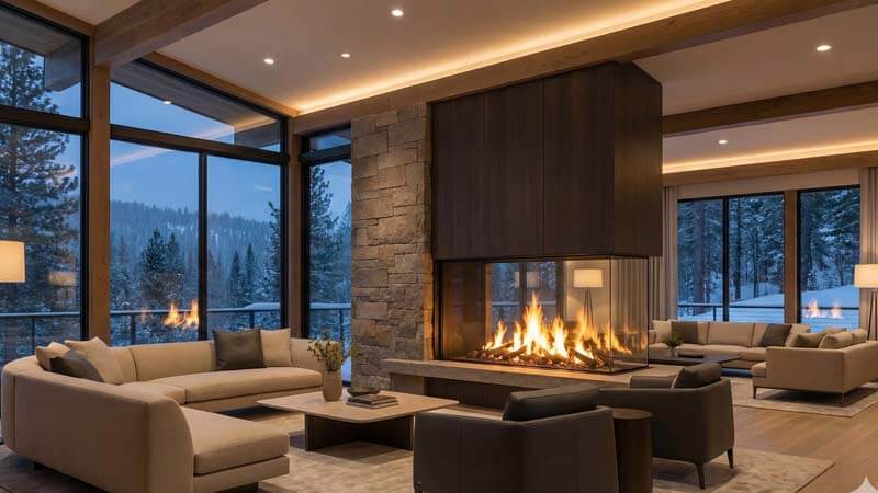 трехсторонний панорамный камин в интерьере загородного дома с видом на лес