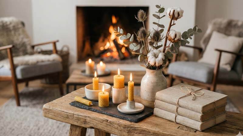 уютный декор каминной зоны свечи сухоцветы хюгге