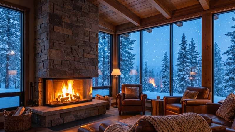 Уютный интерьер с панорамными окнами и видом на заснеженный лес