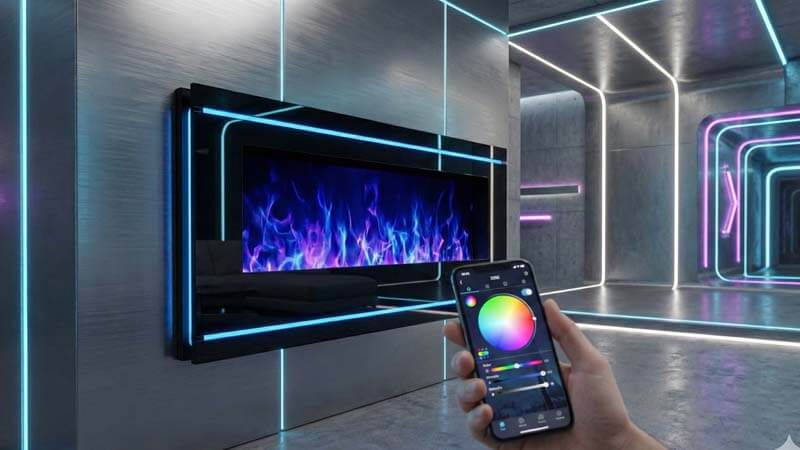 умный электрокамин с управлением со смартфона синяя подсветка
