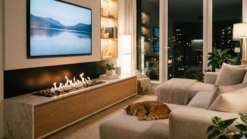 встраиваемый биокамин в интерьере гостиной под телевизором