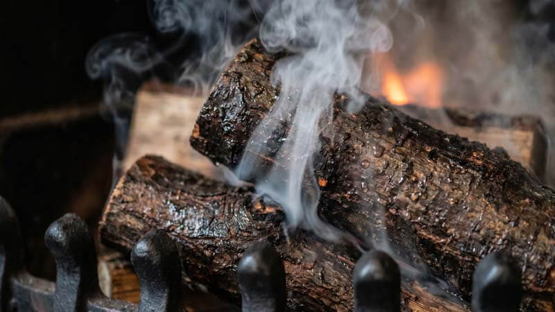 Выделение густого пара и дыма от сырых мокрых дров перед розжигом в чугунной печи